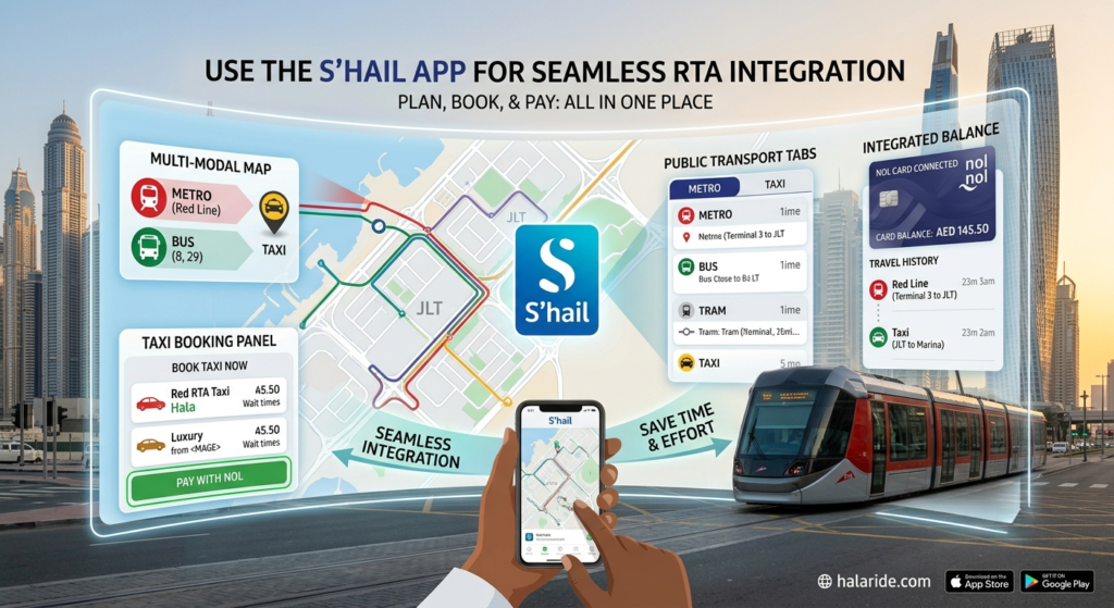 Promotional graphic for the S’hail app showing transit map, taxi booking, balance, and tram integration in a city setting