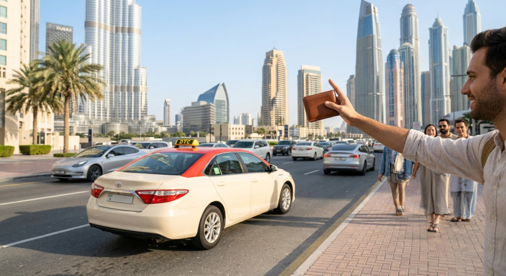 Man hailing a Dubai taxi on a city street with skyscrapers in the background