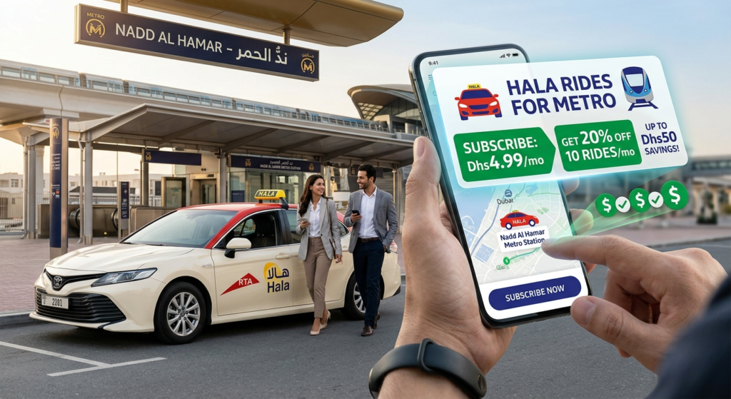 Hand holding a phone showing Hala Rides for Metro subscription offer beside a taxi at Nadd Al Hamar Metro Station