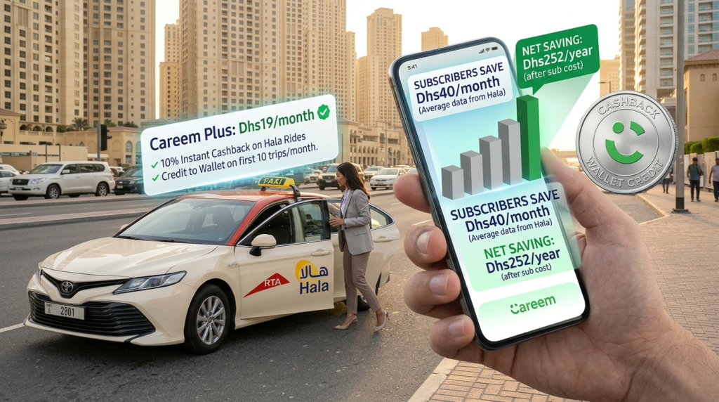 Careem Plus and subscriber savings promo over a city street with a Dubai taxi and a phone showing cashback and yearly savings