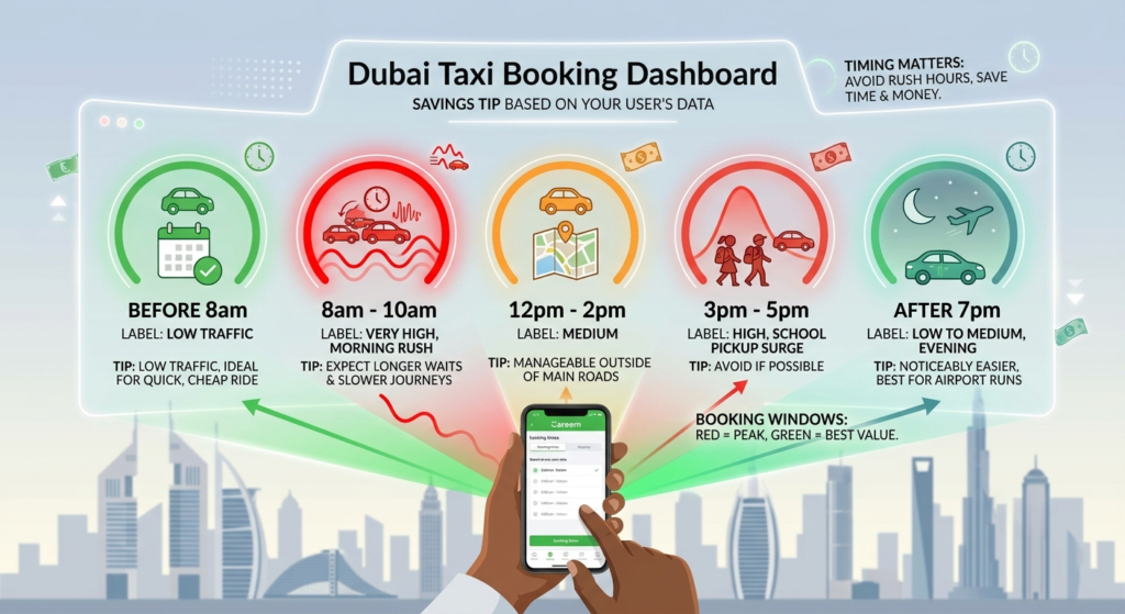 Infographic of Dubai taxi booking times with color-coded tips, and a phone booking app over a Dubai skyline