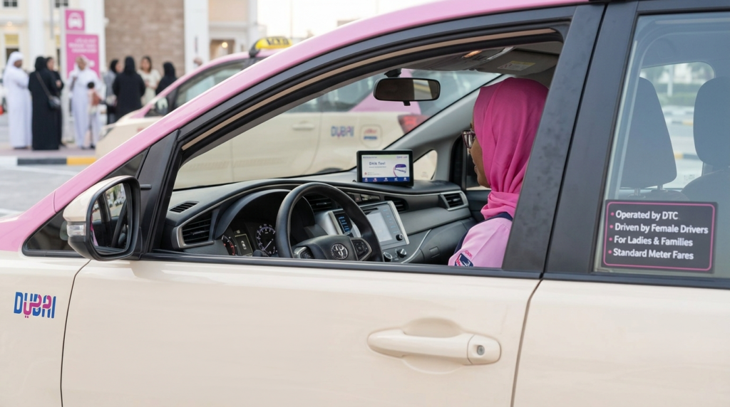 Female Dubai taxi driver in a pink headscarf sitting in a Dubai taxi with women-only service signage