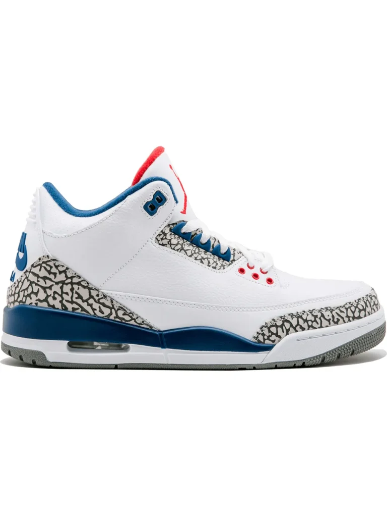 White Air Jordan 3 True Blue Retro high-top sneaker with blue, red, and gray elephant-print accents on a white background