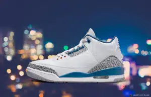 White and blue sneaker with elephant-print accents against a blurred city lights background