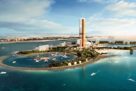 Aerial rendering of a luxury island resort with a tall tower, marina, beaches, and yachts under a blue sky