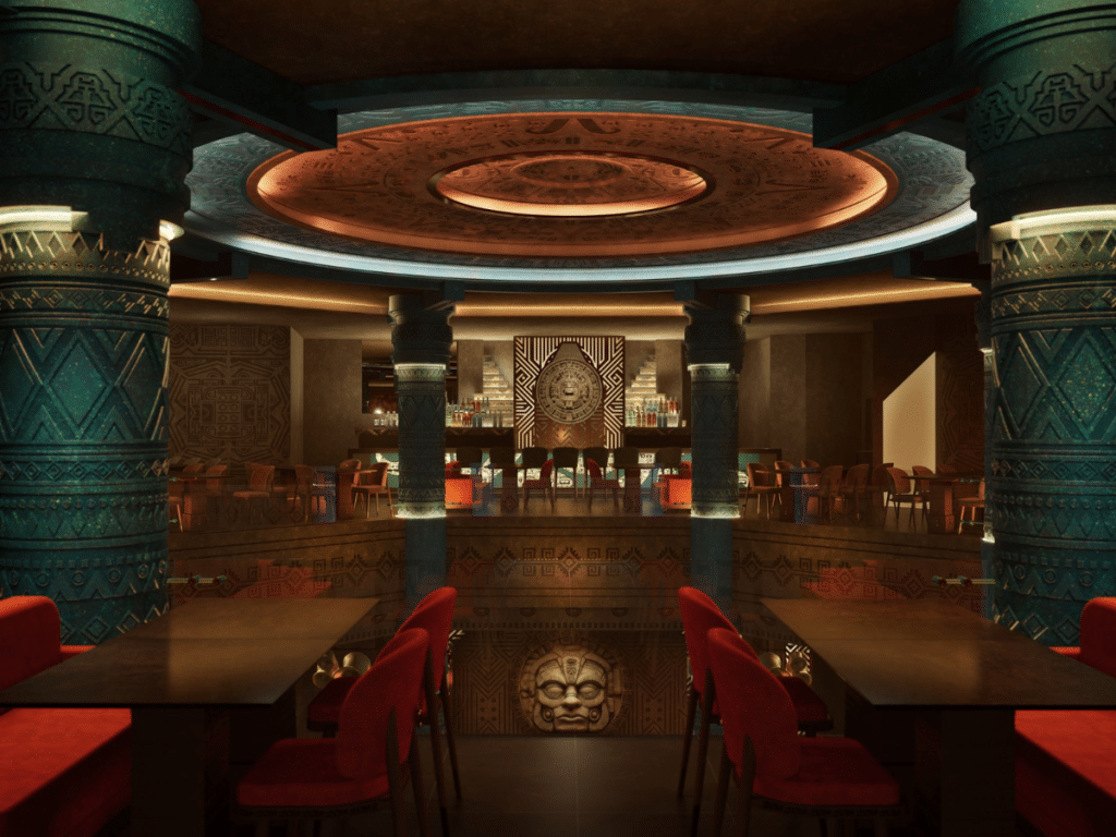 Opulent bar and lounge with carved teal columns, circular ceiling, red chairs, and a central decorative wall panel