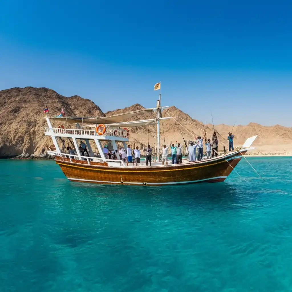 People stand on a wooden tour boat floating on turquoise water beside rocky Dibba desert cliffs