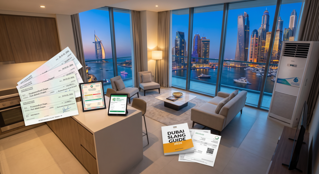 Luxury apartment interior with Dubai marina skyline, yacht-filled water, and overlaid financial documents and a Dubai slang guide