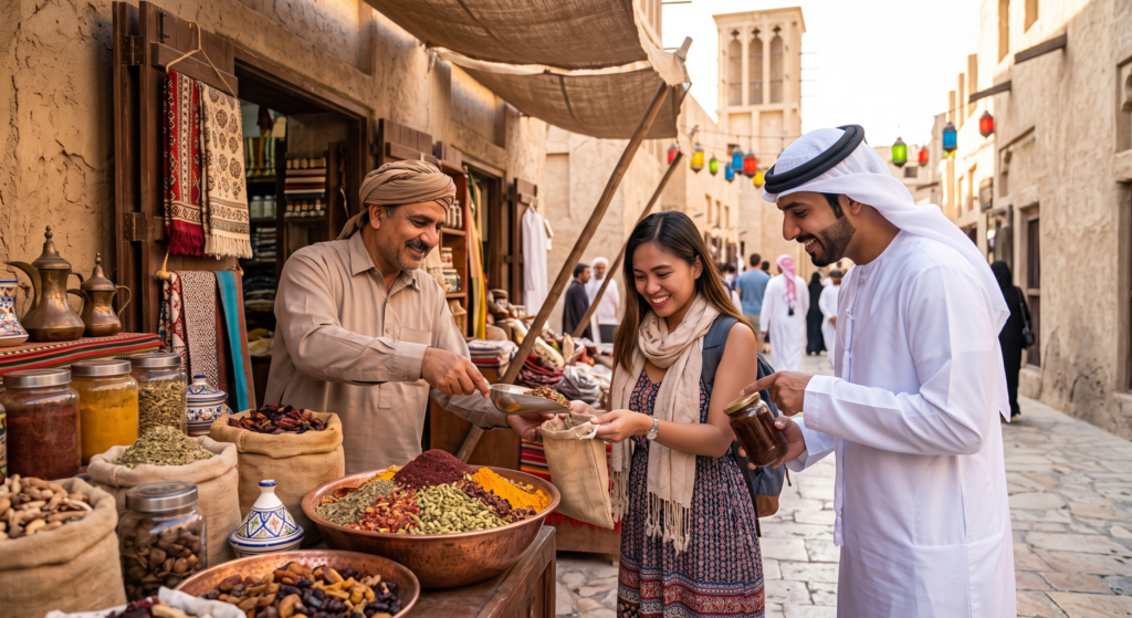 Two men and a woman browse spices at a Middle Eastern market stall in a narrow alley