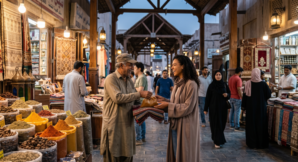 An older man hands a woman a bag at a lively spice market with rugs and hanging lanterns