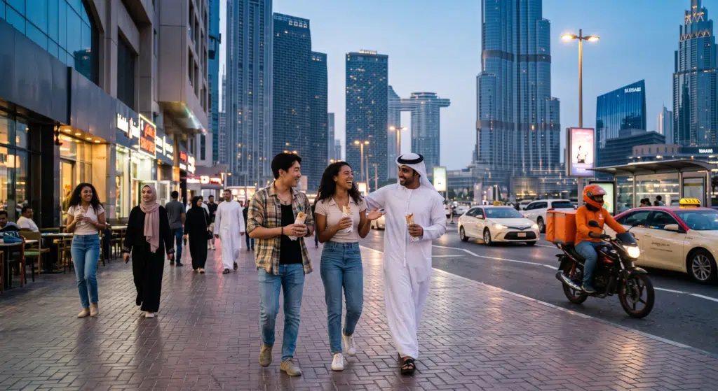 Friends walking and talking Dubai slang with wrapped snacks on a busy city sidewalk at dusk, with skyscrapers and traffic behind them