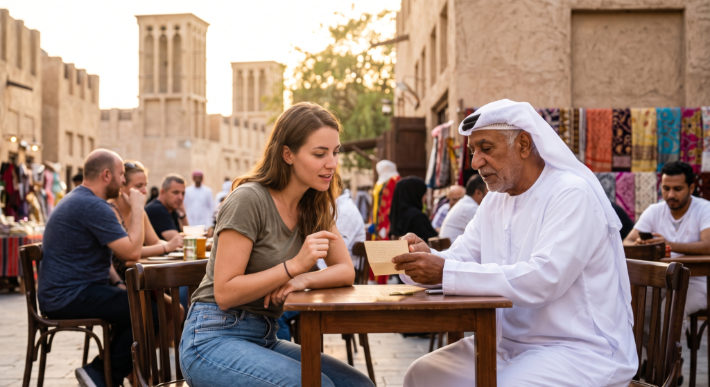 Young woman and elderly man in traditional dress read a Dubai slang note together at an outdoor café market