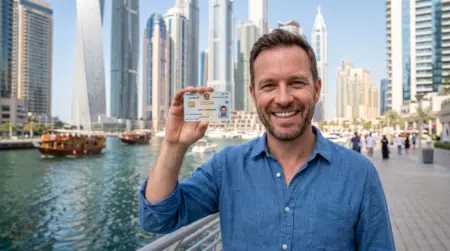 Smiling man in a blue shirt holds up an Emirates ID card by a waterfront skyline