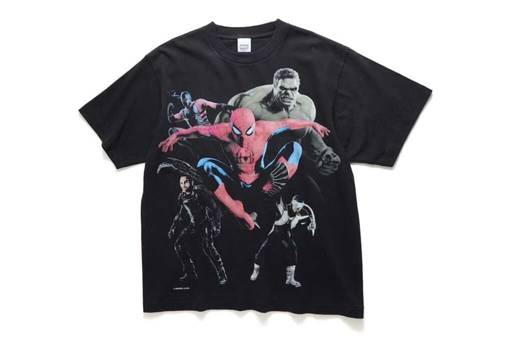 Black T-shirt with a Spider-Man and Marvel character graphic print