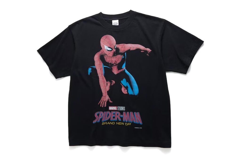 Black T-shirt with a Spider-Man graphic and Marvel Studios Spider-Man Brand New Day text