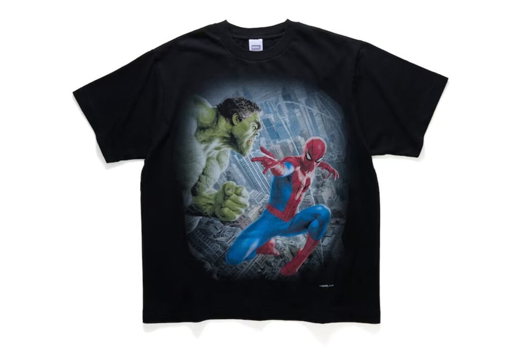 Black T-shirt with a large Hulk and Spider-Man graphic on the front