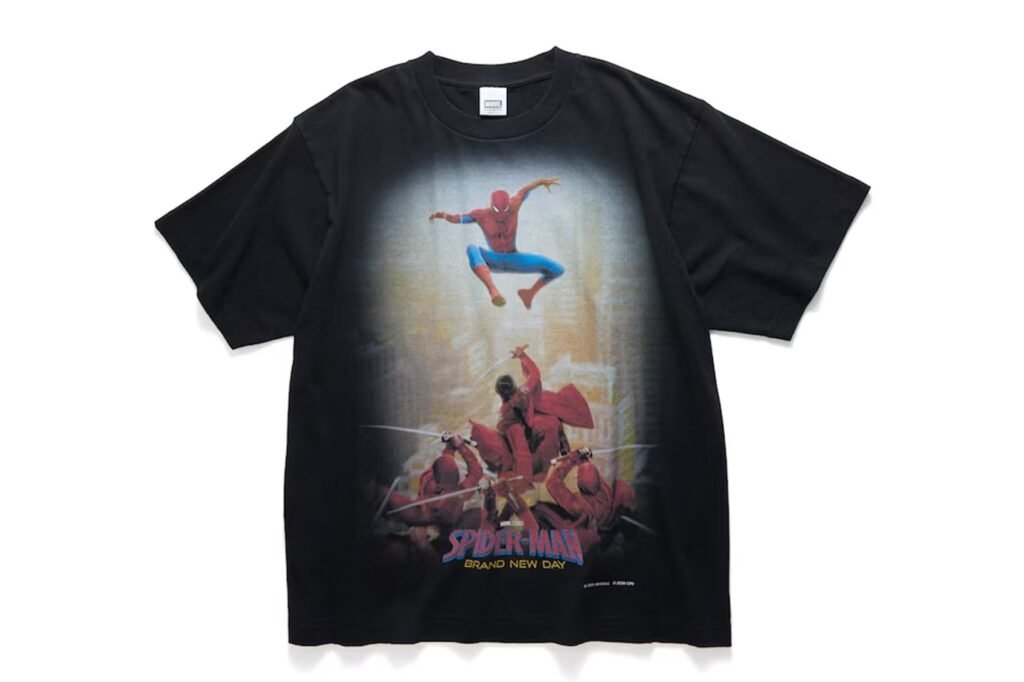 Black Spider-Man “Brand New Day” graphic T-shirt with a large action scene print on the front