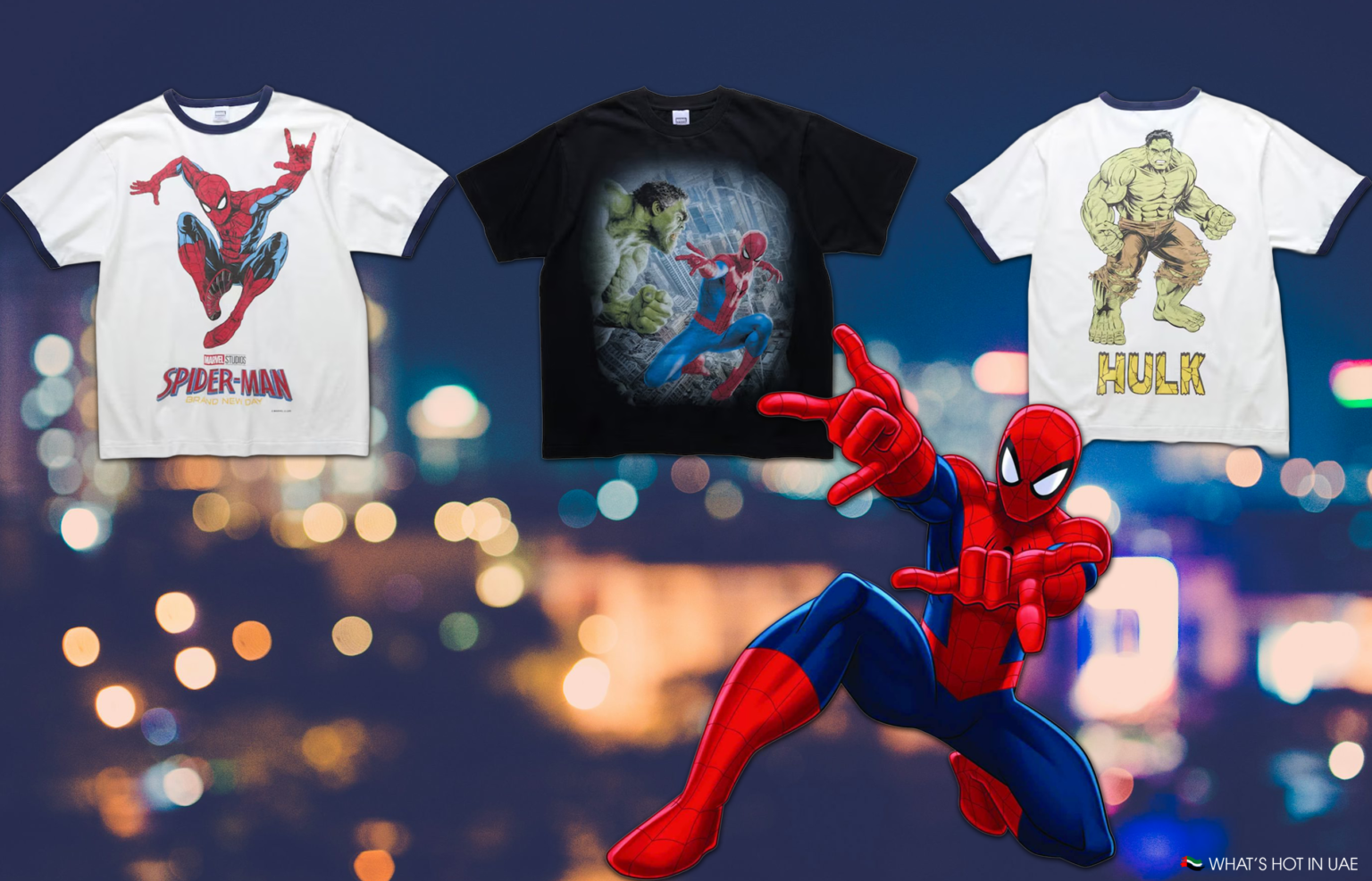Three graphic T-shirts featuring Spider-Man and Hulk, with a larger Spider-Man illustration on a blurred city-light background