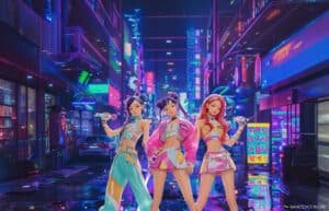 Three anime-style women posing with microphones in a neon-lit futuristic city street at night