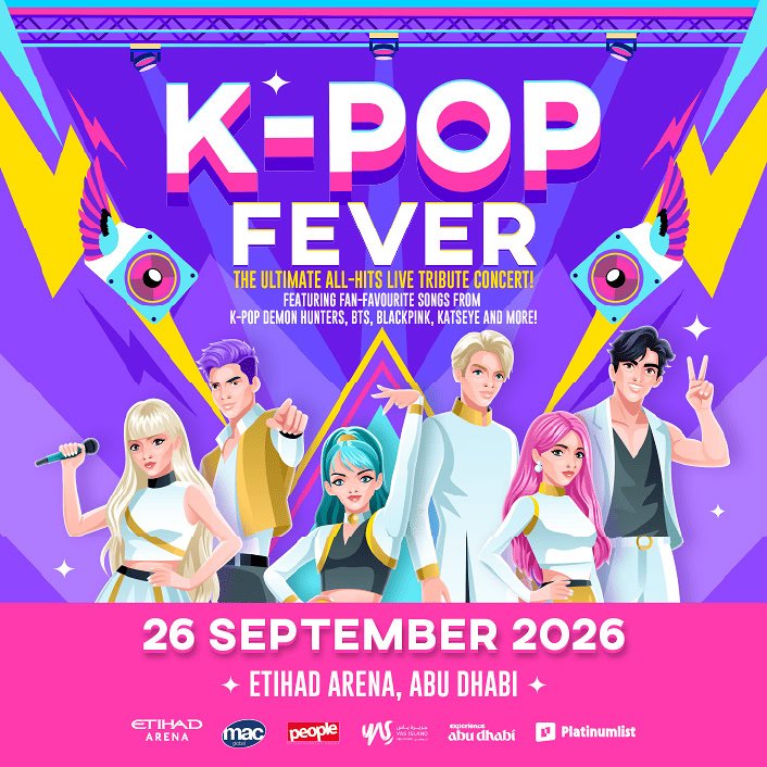 Colorful poster for K-POP FEVER concert featuring animated performers, with date 26 September 2026 at Etihad Arena, Abu Dhabi