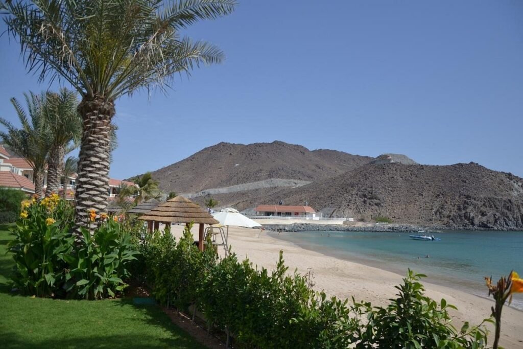 Tropical beach resort with palm trees, sandy shore, calm blue water, and rocky mountains under a clear sky