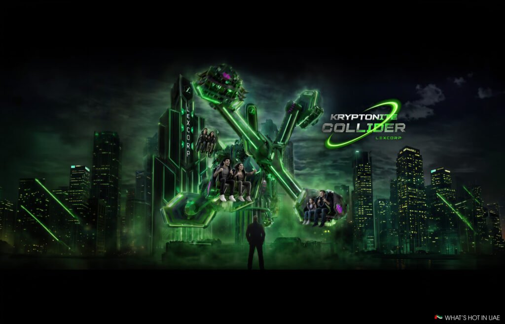 Kryptonite Collider: Everything to know about the new ride at Warner Bros. World Abu Dhabi Promotional render of a neon-green roller coaster above a dark city skyline, labeled Kryptonite Collider by LexCorp