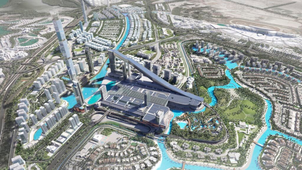 Aerial rendering of Meydan with canals, high-rise towers, roads, and a large central complex