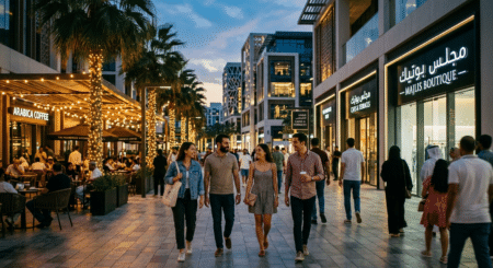 People strolling along a palm-lined shopping promenade at dusk past cafes and boutiques with string lights