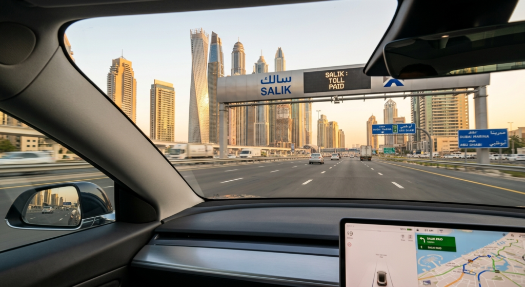 View from a car on a Dubai highway passing a Salik toll gate with skyscrapers ahead at sunset