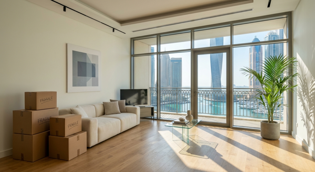 Modern living room with unpacked boxes, a sofa, glass table, large windows, and a marina skyline view
