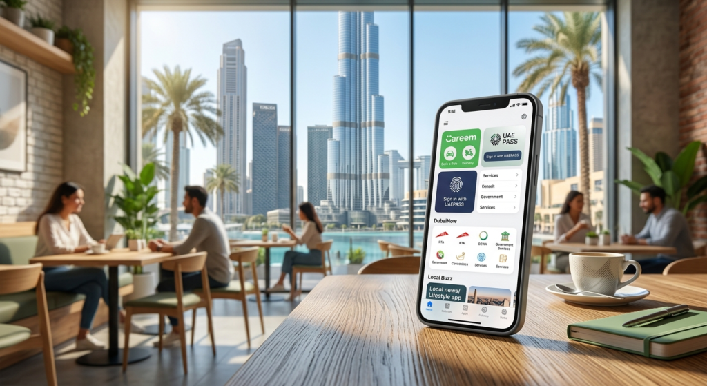 Smartphone on café table showing UAE service apps, with Dubai skyline visible through large windows