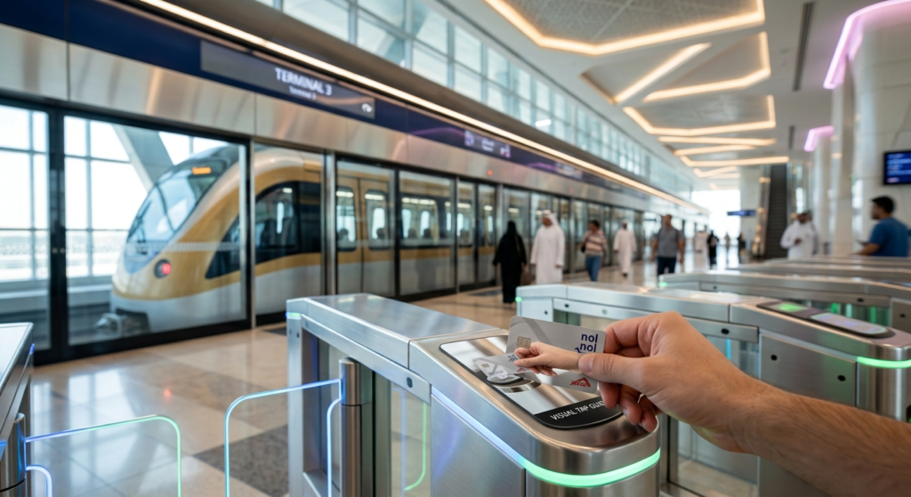 A hand taps a card at a metro station gate with a train behind glass platform doors