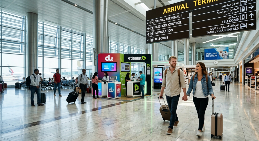 Travelers with luggage walking through an airport arrival terminal under overhead signs for passport control and immigration