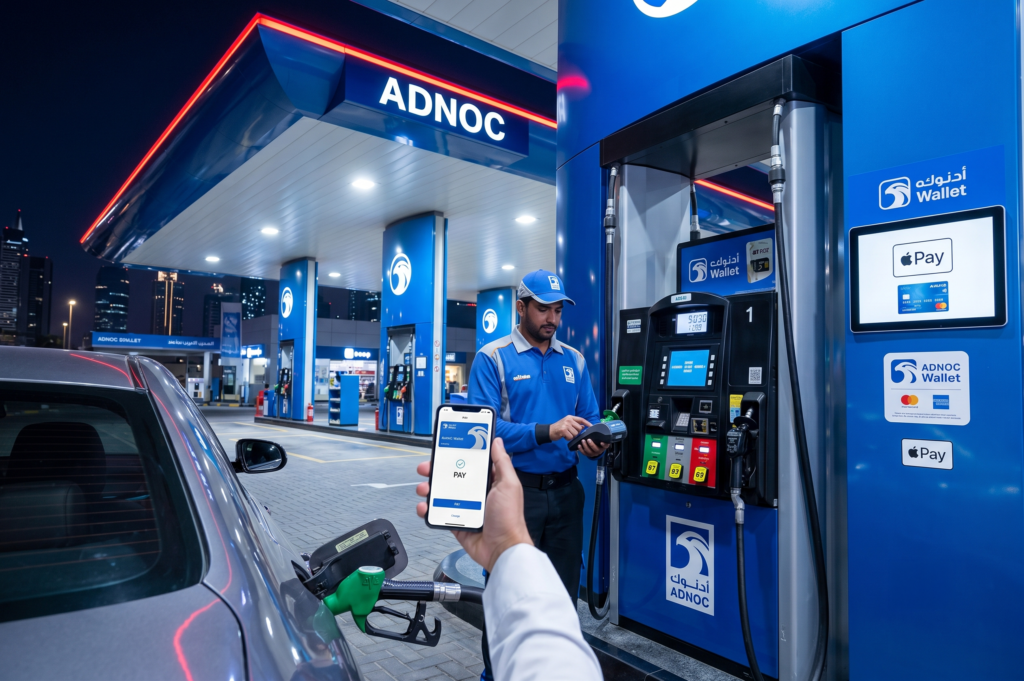 Emirates ID perks: ADNOC gas station at night with a worker refueling a car while a customer pays with a smartphone