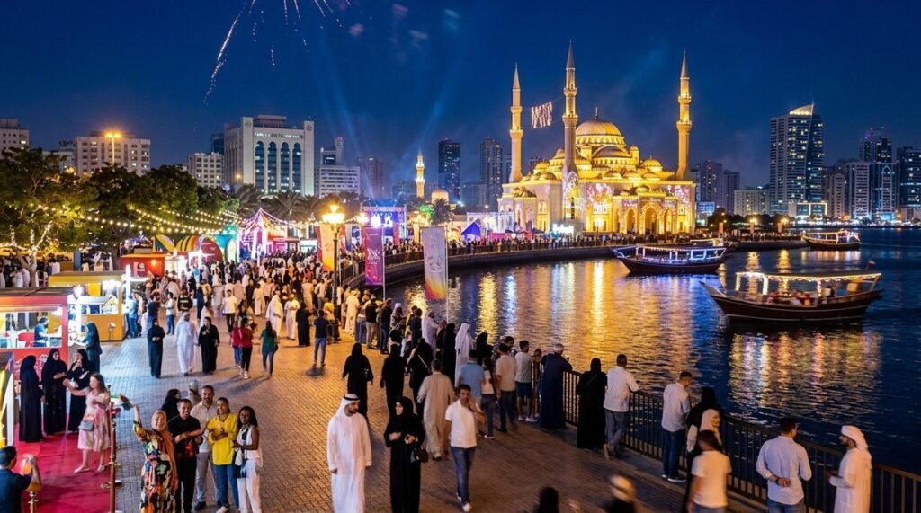 Crowded waterfront promenade at night with a lit mosque, city skyline, boats on the water, and fireworks overhead