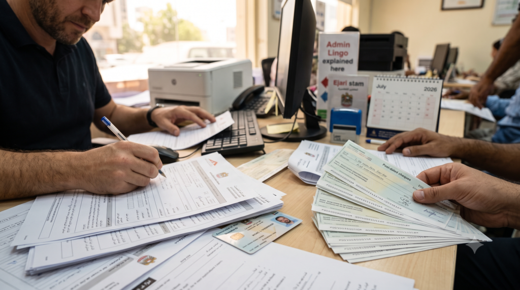People filling out paperwork at an office desk, with a stack of checks, forms, and ID cards visible
