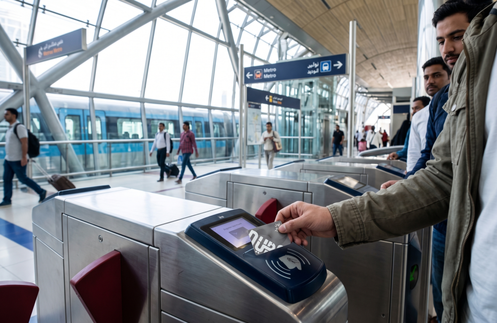 Emirates ID perks: Commuters tap transit cards at a metro station gate beside a stopped train