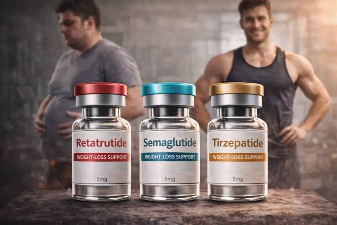 Three labeled vials for weight-loss support—retatrutide, semaglutide, and tirzepatide—set before two men in a gym-like background