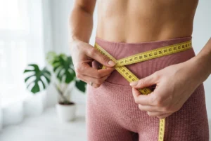 Person measuring their waist with a yellow tape measure over pink leggings