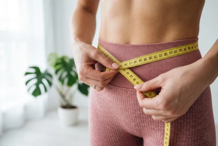 Person measuring their waist with a yellow tape measure over pink leggings