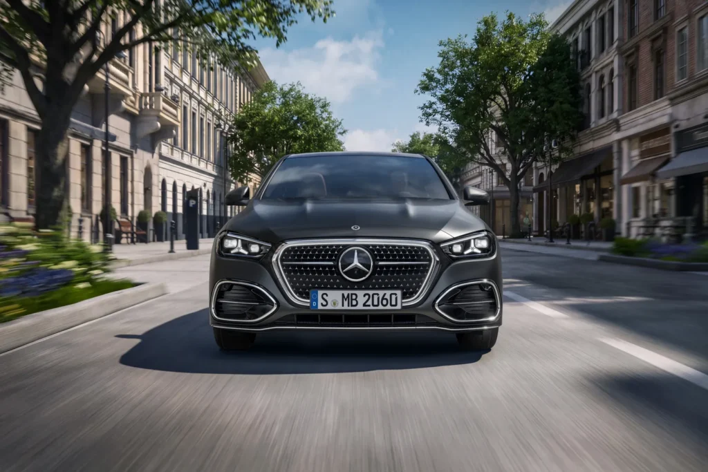 Black 2027 Mercedes-Benz C-Class driving down a tree-lined city street, viewed from the front