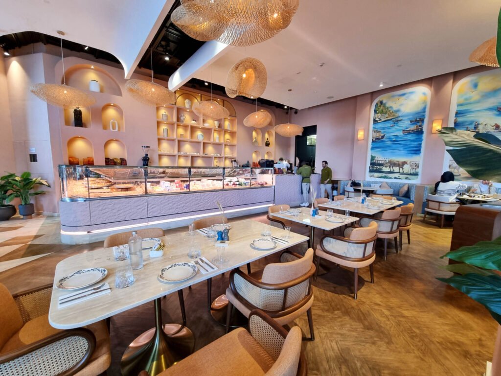 AVLU Turkish restaurant interior at Yas Mall, Abu Dhabi, with woven pendant lights