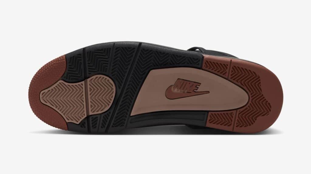 Nike air jordan 4 'london' shoe outsole with black and brown herringbone traction patterns and a central Nike logo