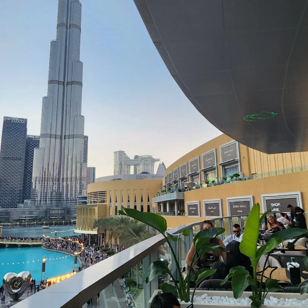 Amaya rooftop terrace in Downtown Dubai, looking across the Dubai Fountain to the Burj Khalifa