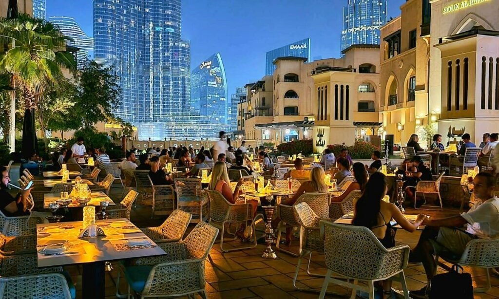 Arabeska rooftop restaurant at dusk in Downtown Dubai