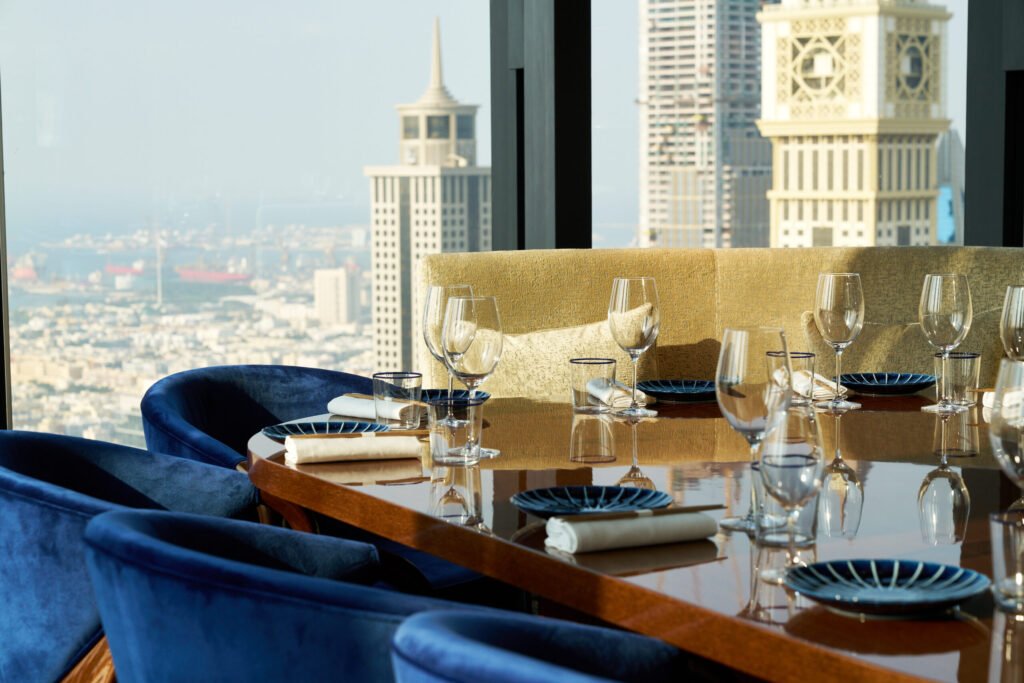 Bar des Prés in DIFC, Dubai, table set with a skyline view
