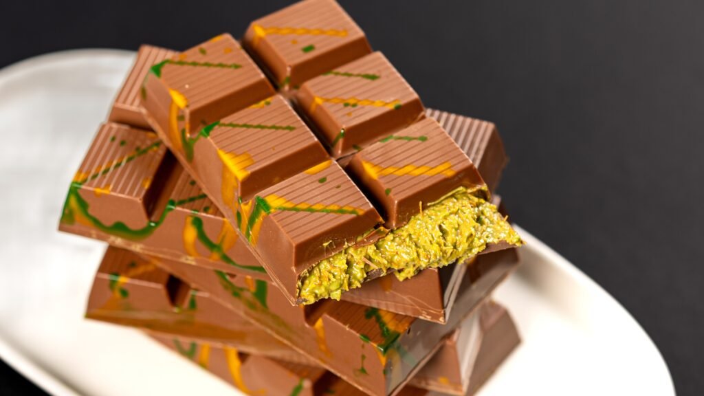 The Dubai Chocolate Story: How a Pistachio-Kunafa Bar Took Over the World Stacked milk chocolate bars with green and orange swirls, one broken open to reveal pistachio filling