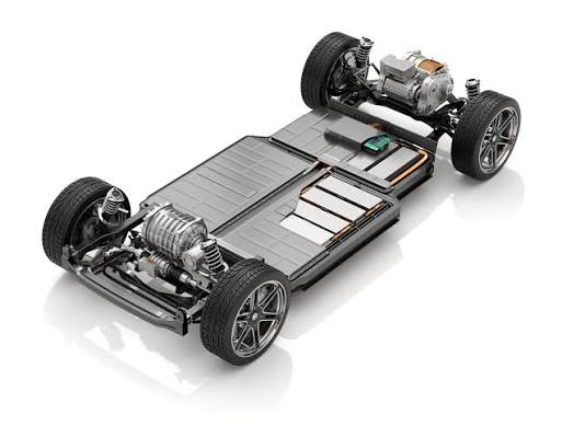 Electric vehicle skateboard chassis with a flat battery pack, electric motors, suspension, and four wheels