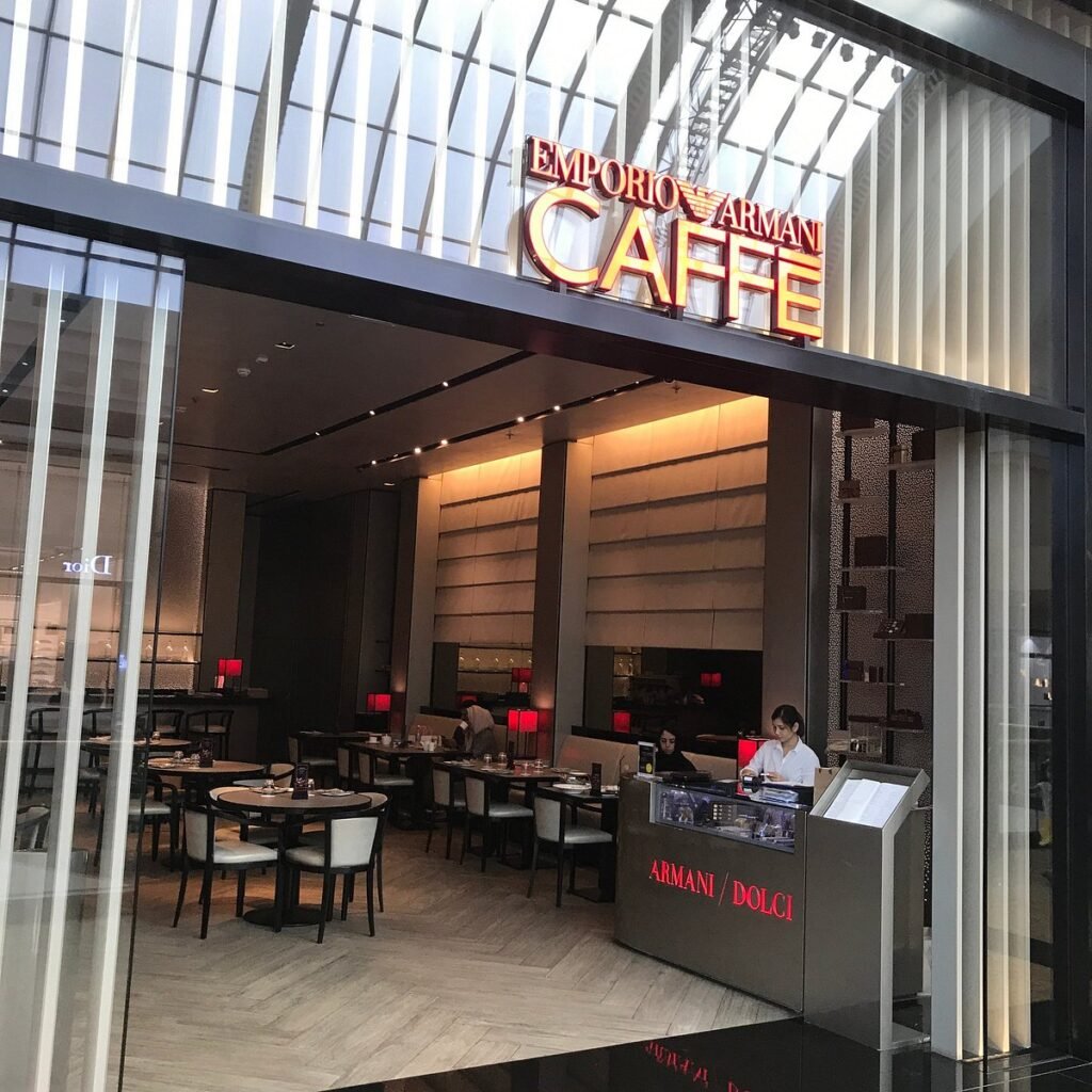 Emporio Armani Caffè storefront and pastry counter at Mall of the Emirates