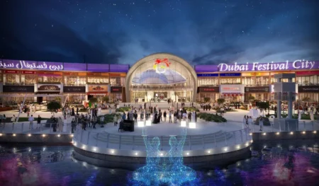 Nighttime view of Dubai Festival City mall with a central dome, lit storefronts, and crowds by the waterfront